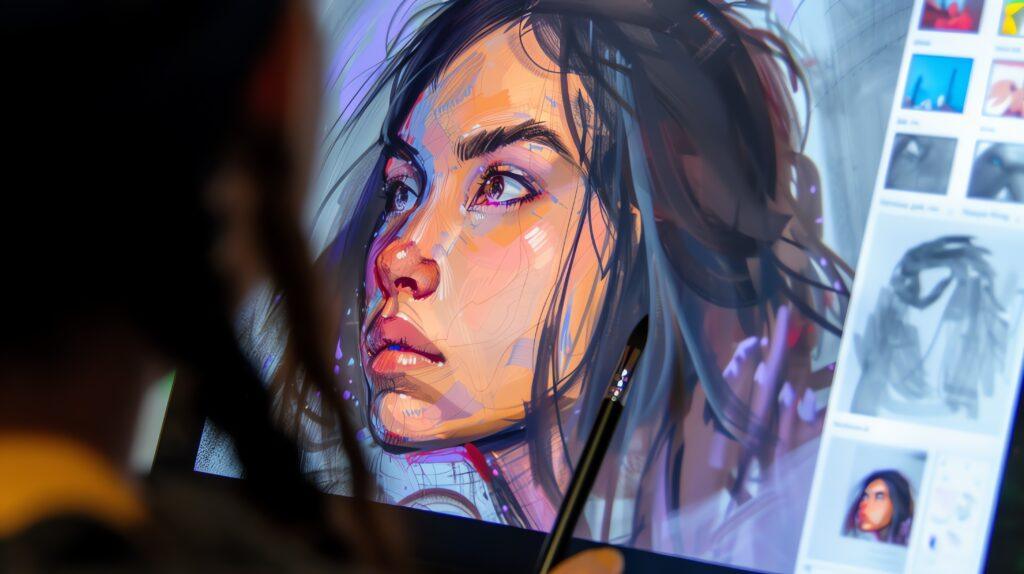 an artist is using a stylus to draw on a digital drawing tablet, with a laptop and a stack of art supplies in the foreground.