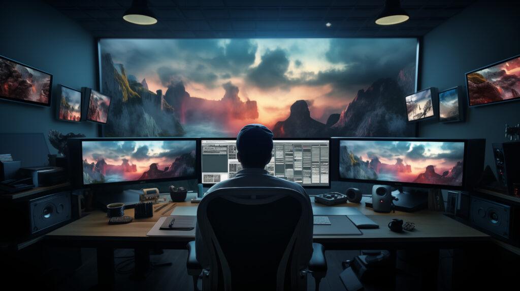 videoeditor an seinem schnittplatz mit vielen monitoren, schnitt und vfx nach einem filmdreh